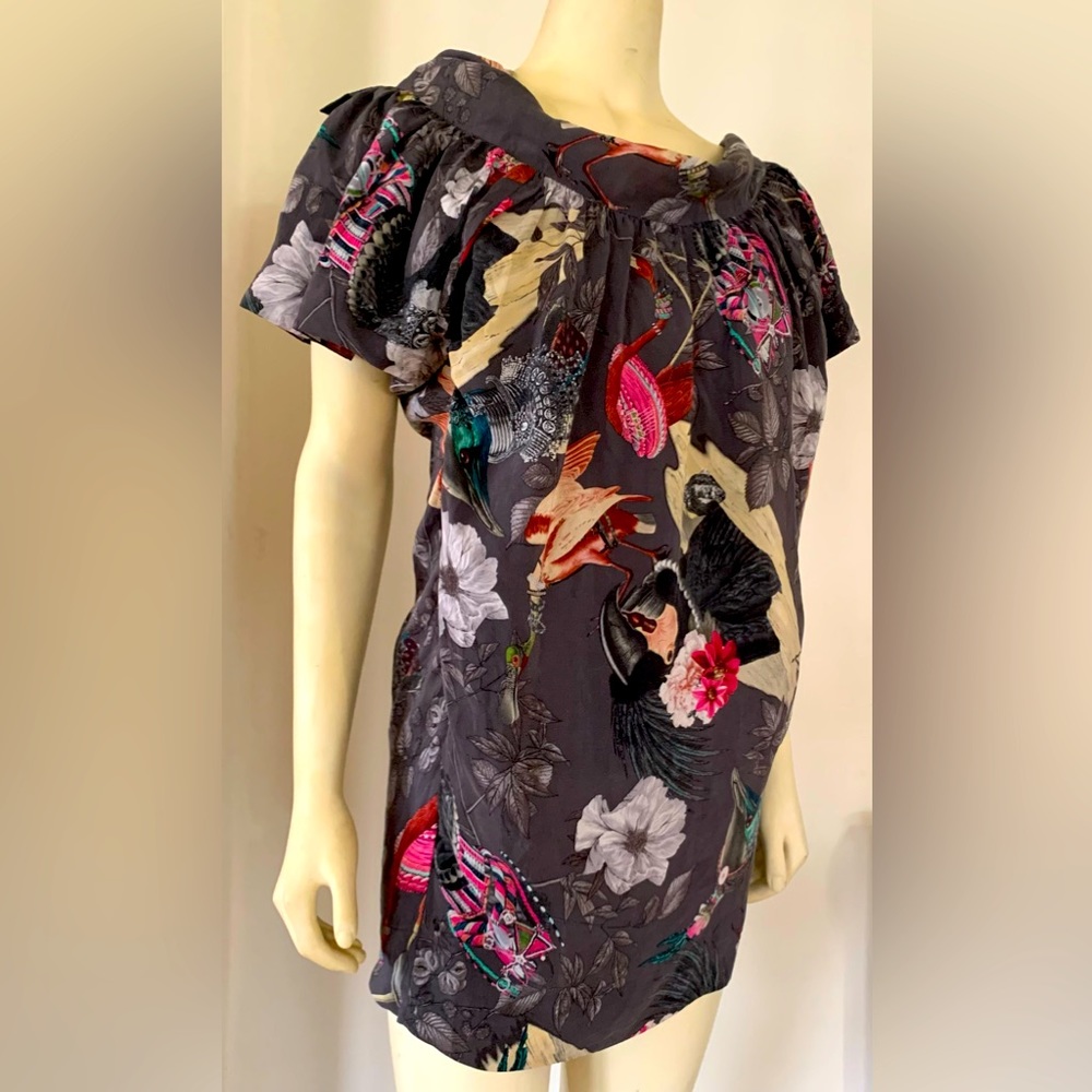 AllSaints Spitalfield Poseidon Grey Bird Floral Bug Print Silk Top sz UK 10